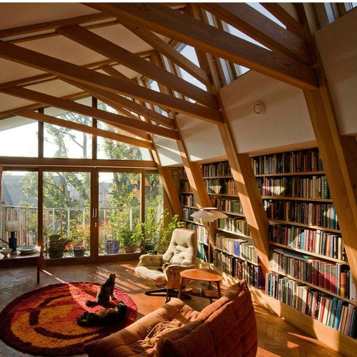 salón con mucha luz natural, techo con vigas de madera, librerias, sofá color naranja, sillón beige, librería grande empotrada que ocupa toda la pared, tapete redondo