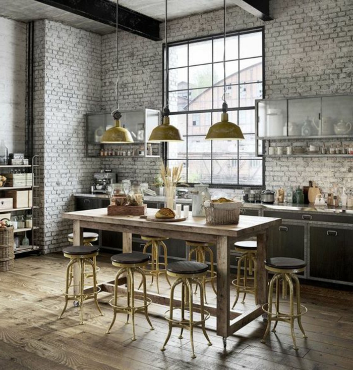 ideas de encanto para amueblar tu cocina comedor, interior con muebles con efecto envejecido, paredes con ladrillos en gris