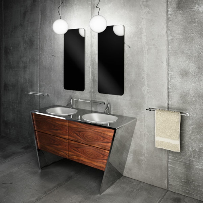 baño en estilo industrial con lavabo doble y dos espejos, mueble lavabo, madera con encimera de metal, pared gris