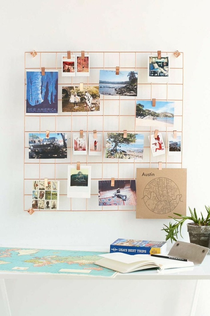 decoracion con fotos, ideas para adornar la pared con una rejilla adornada de fotos, proyectos DIY con fotos