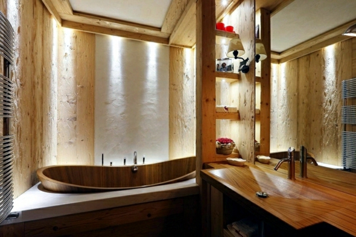 diseño de baño rústico con toque moderno, azulejos para baños en el suelo y revestimiento de madera para las paredes y el techo 