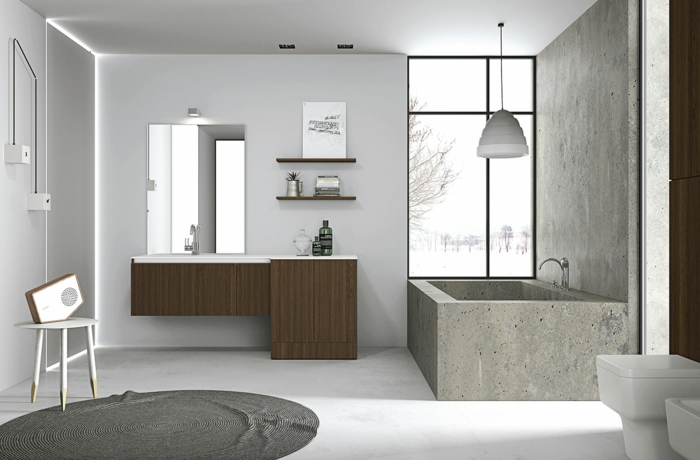 mueble lavabo, baño gris, bañera de granito rectangular, ventana grande, armarios de madera, tapete redondo, silla con retro radio