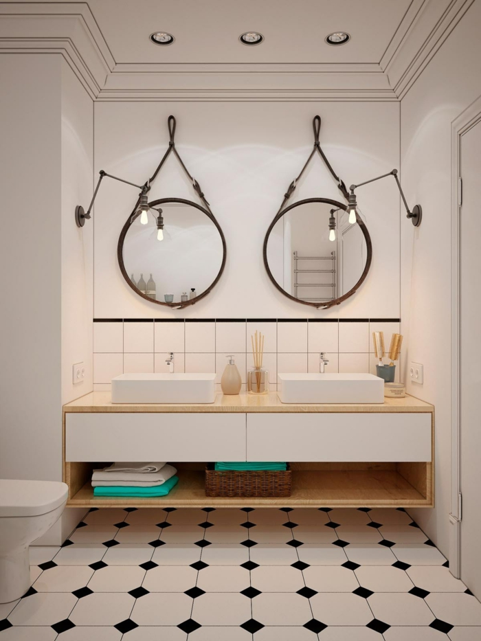decoración minimalista, baños pequeños, lavabo doble con un mueble lavabo de plástico con encimera de madera, espejos redonodos con cinturones