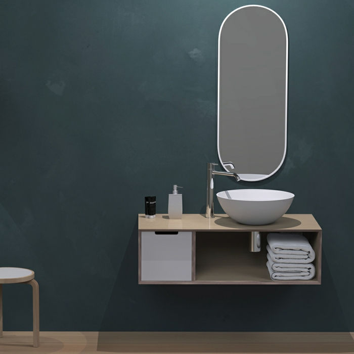 armarios de baño, baño pequeño, estilo moderno, lavabo pequeño, mueble de madera, espejo ovalado, pared pintado oscuro