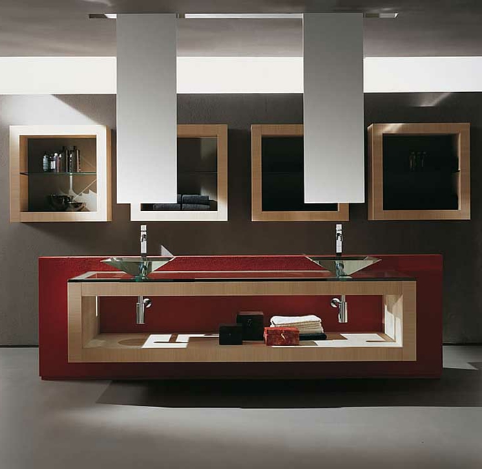estilo moderno, armario baño, decoración con lavabos de vidrio, mueble de lavabo con madera y encimera de vidrio, estantes cuadrados