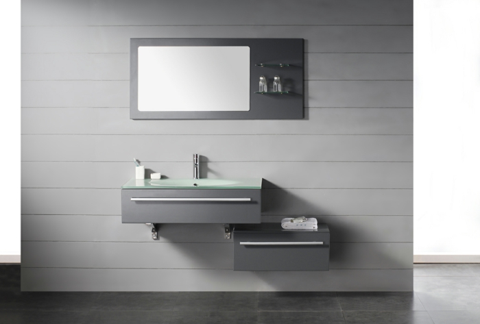 estilo moderno, baño gris minimalista, armario baño, mueble de lavabo de madera con cajón, encimera de vidrio, espejo