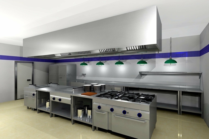 cocina grande en tonos metálicos, decoración con lámparas vintage en verde y detalle en color lila, diseñar cocinas con estilo 