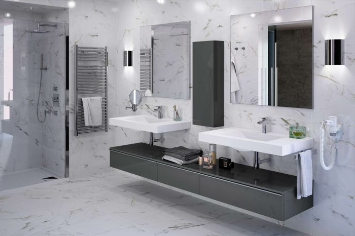 muebles de baño modernos, baño en blanco y gris, suelo y paredes de mármol, ducha de obra, mueble de lavabo bajo, espejos grandes