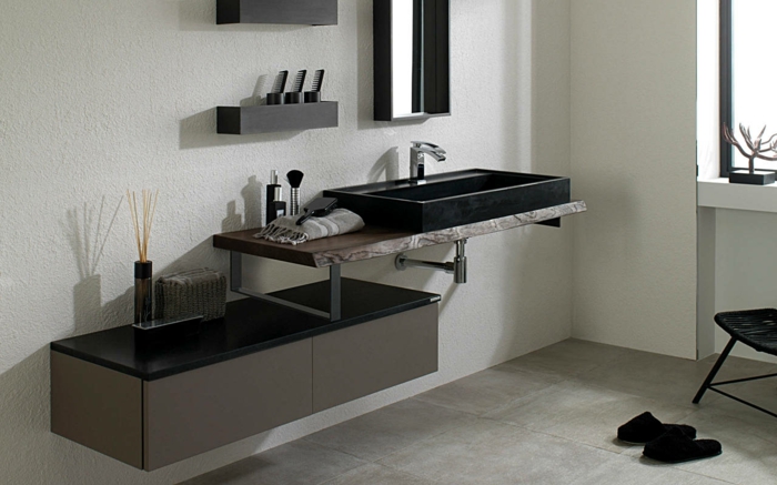 baño pequeño, decoración moderna, muebles de baño modernos, encimera de granito, lavabo negro, mueble bajo, ventana