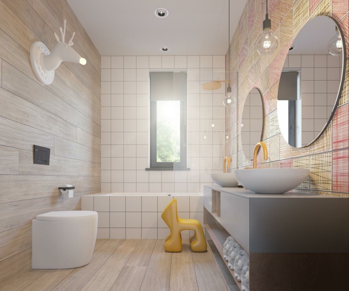 baño pequeño, muebles de bañi, pared con papel pintado de colores, ducha de obra con baldosasm espejos redondos, lavabo doble