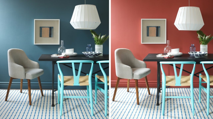ideas de diseño en diferente color con los mismo muebles, pintura para paredes, pared en azul o melocotón, mnçççesa comedor con sillas desparejas