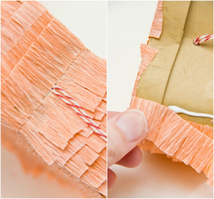 paso a paso, cómo pegar papel crepe en cartón para hacer piñata, que le puedo regalar a mi novio, papel crepe color melocoton