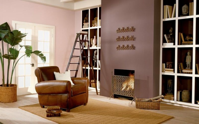 salon con chimenea, combinacion de colores, paredes en rosado y bizantino, palmera grande, tapete y sillón de piel