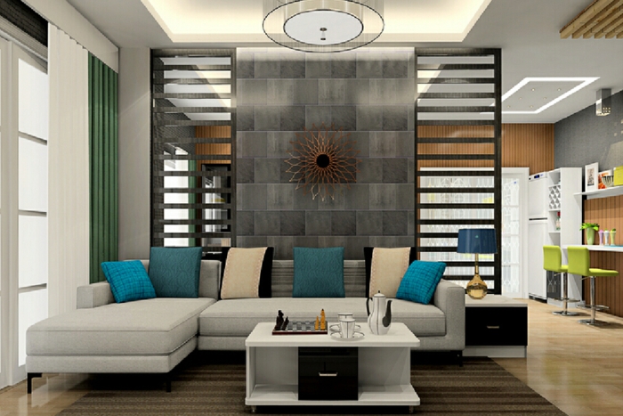 biombos separadores, grande salón moderno en colores naturales con detalles en azul saturado, separador de ambientes con ornamento