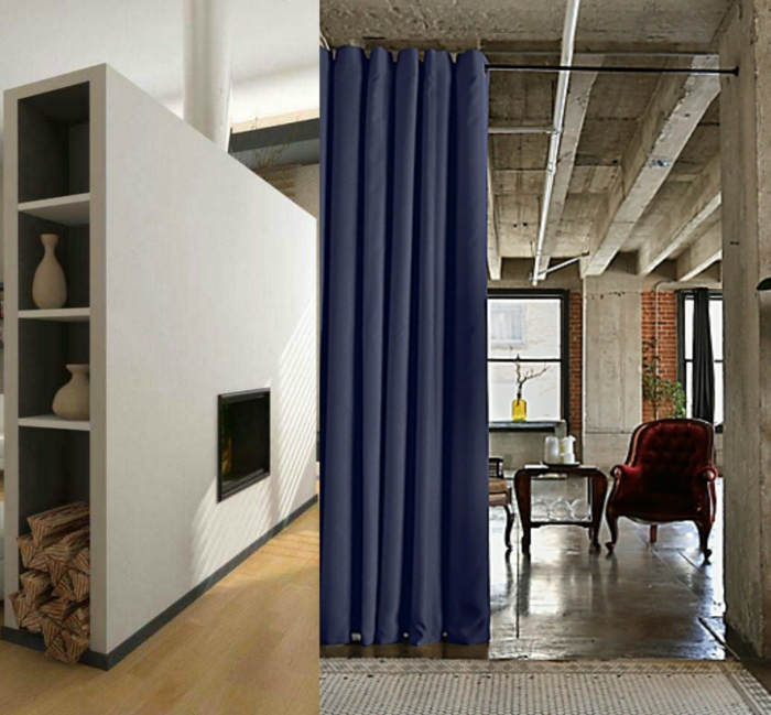 biombos separadores, dos propuestas refinadas de separadores de espacios, muro en gris con chimenea empotrada y cortinas en azul 