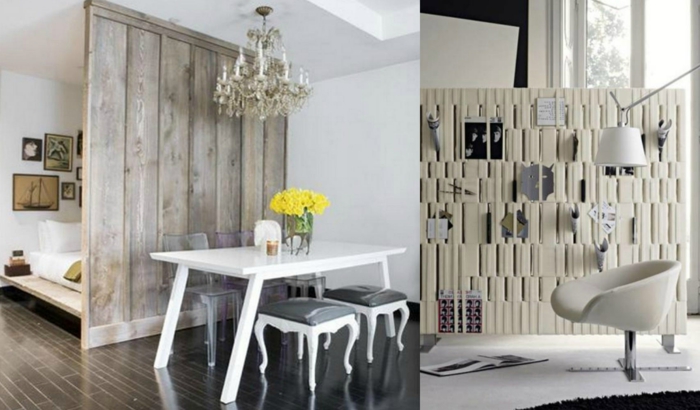separar ambientes, propuestas de interiores con separadores de ambientes en blanco y gris, ideas con madera