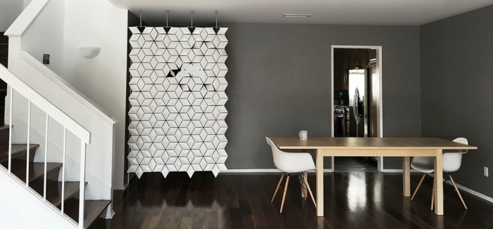 separar ambientes, espacio moderno en estilo minimalista, separador de ambientes original colgante, paredes en gris y suelo de madera
