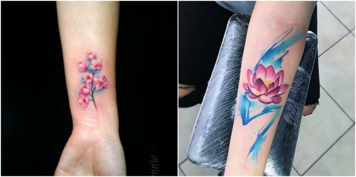 tatuaje muñeca, dos ejemplos de tatuaje en rosado y azul en la muñeca, flor de cerezo, flor de loto abierta