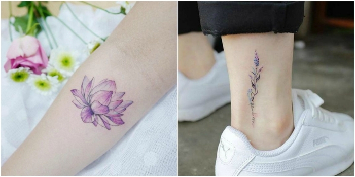 tatuajes flores, dos ejemplos de tatuaje pequeño, loto morado en el antebrazo, lavanda en el tobillo, tatuajes para mujeres
