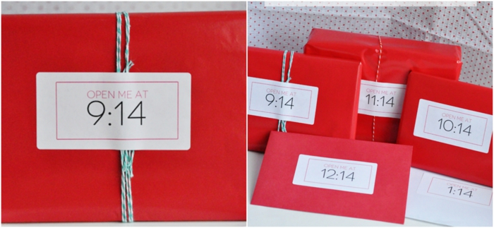 sorpresa para cada hora del diá de San Valentín, paquetes rojos con hilo azul, que regalar a tu novio, idea original de regalos