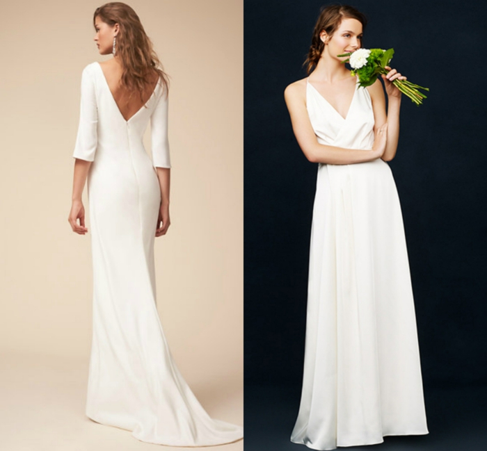 vestido novia sencillo, dos propuestas de vestidos de líneas limpias y corte simple, escote en v y espalda descubierta