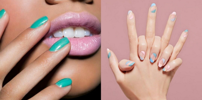 collage con fotos, propuestas para diseño de uñas moderno, uñas en gel decoradas en color verde claro, uñas largas en forma de almendra con partes de color 