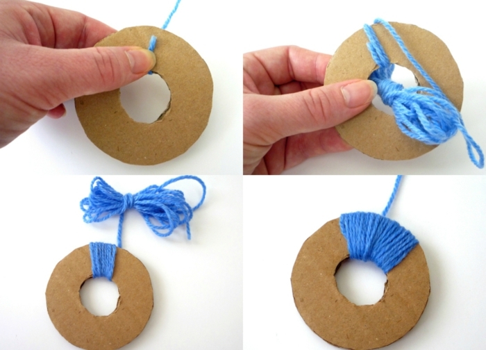 técnica fácil para hacer pompones de lana, plantilla de cartón en forma redonda e hilo azul, manualidades fáciles 
