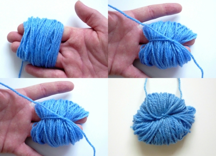 diferentes técnicas para hacer unos pompones de lana caseros, hilo color azul porcelana, manualidades con lana 