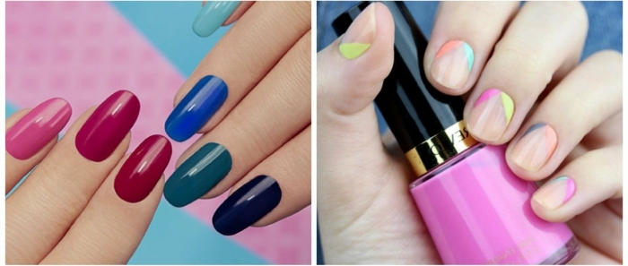 diseño de uñas precioso, dos ejemplos de uñas decoradas con más de un color, tonos actuales para la nueva temproada