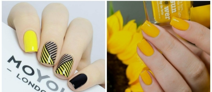 tonos actuales del amarillo, uñas decoradas en colores llamativos, elementos gráficos en negro, tendencias manicura 2018