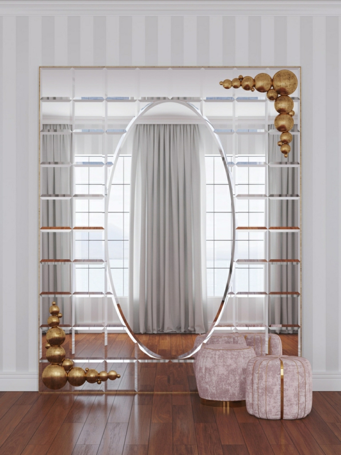 decoracion con espejos originales, interior en estilo vintage con sillas bajas tapizadas en terciopelo color rosado