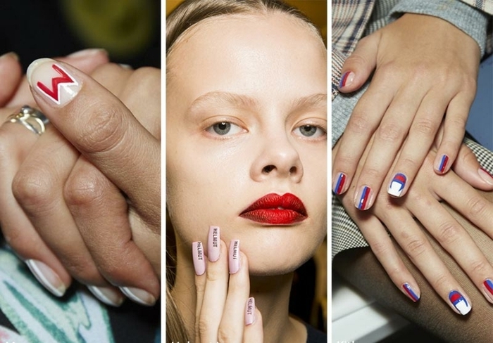 ejemplos de las ultimas tendencias en la manicura, diseños de uñas originales en azul, blanco y rojo, uñas largas en stiletto color rosa 