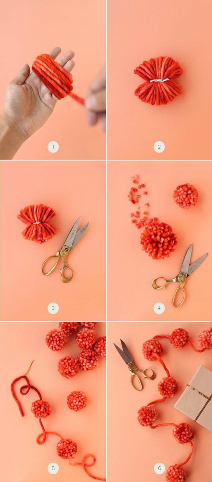 técnica fácil para hacer una guirnalda de Navidad hecha de pompones DIY, pompones de lana en color rojo paso a paso 