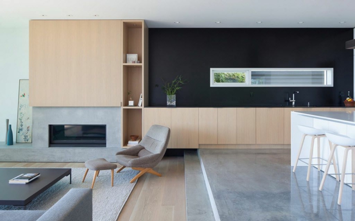 piso en estilo minimalisto, espacios separados sin puertas, cocinas abiertas al salón modernas, decoracion en los tonos del gris, beige y negro 