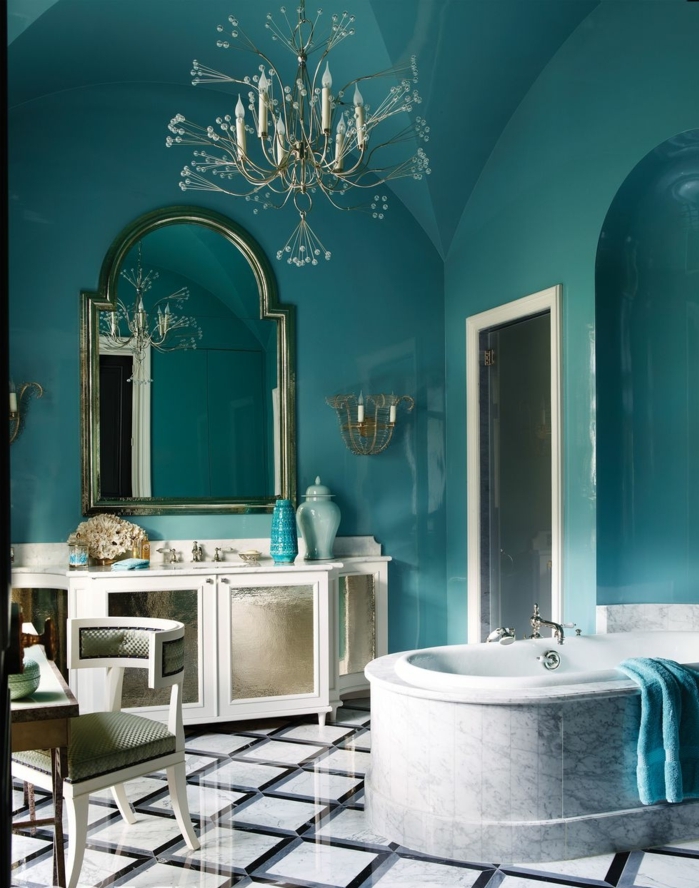 baño de estilo en estilo vintage, espejos vintage para decorar el cuarto de baño, paredes color turquesa
