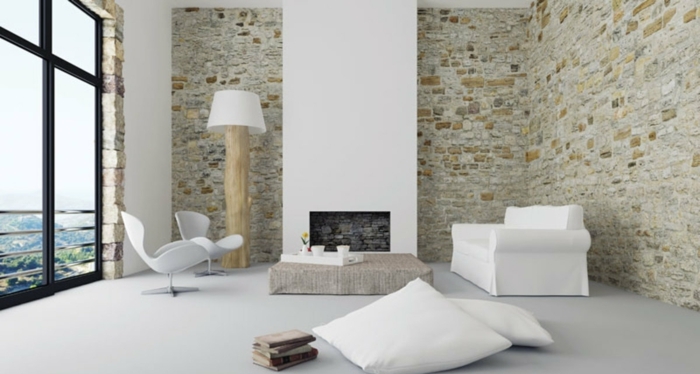 sala de estar con techo alto decorada en estilo escandinavo, decoración de salones modernos blancos 