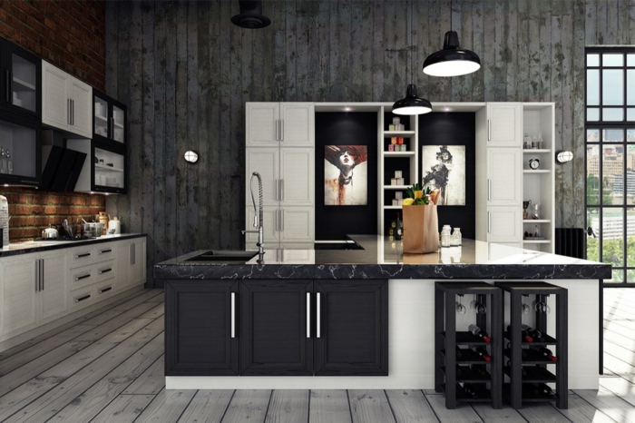 ambiente moderno en negro, gris y blanco, decoración con cuartos decorativos, cocina americana con grande barra multifuncional 
