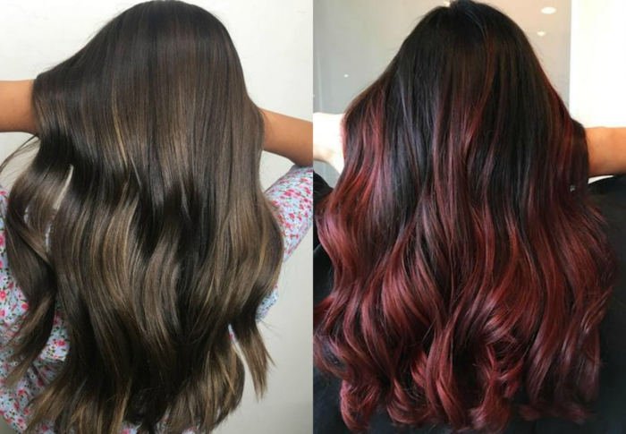 dos melenas onduladas en los tonos del marrón y el rojo, pelo largo en ondas con californianas en un tono más claro 