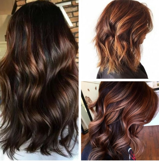 tres propuestas de cabellos castaños con mechas rubias o rojas, corte de pelo en bob y larga melena ondulada 