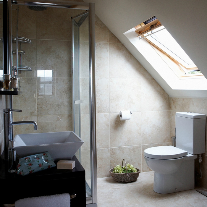 ventana en el tech inclinado, baño con vabina de ducha, baldosas color crema, baños pequeños modernos, canasta con plantas verdes