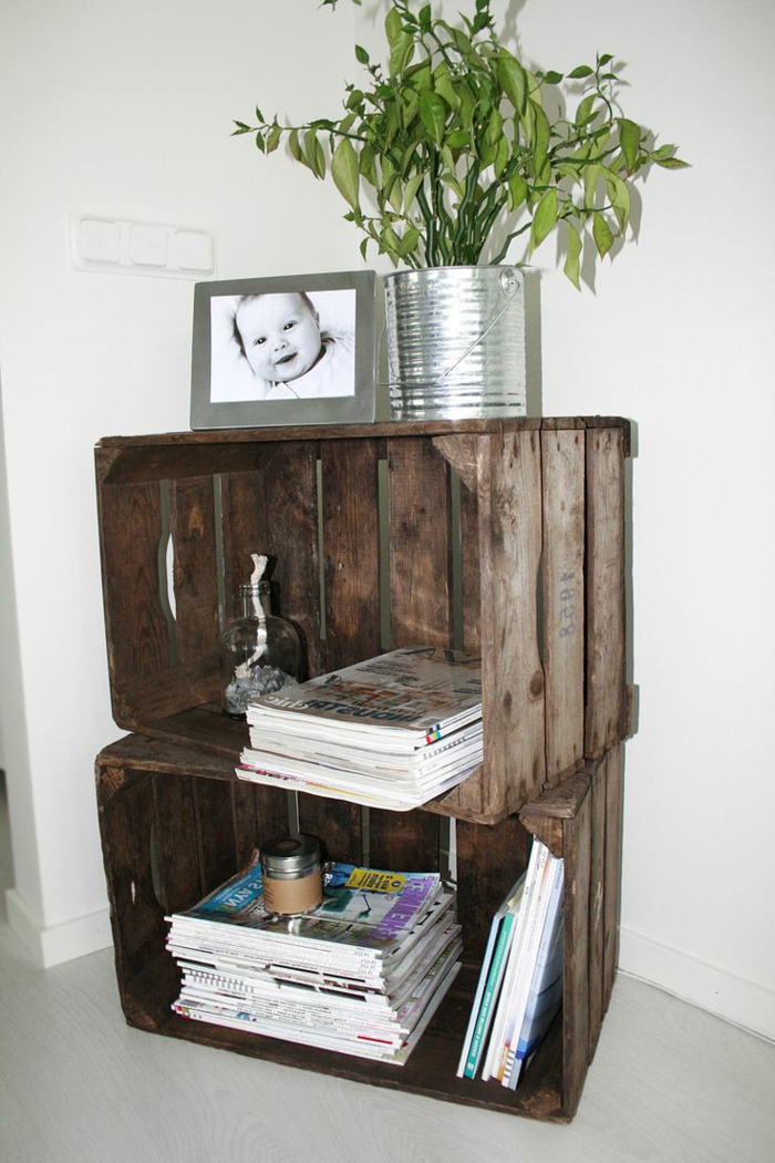 estante de caja de madera, muebles de materiales reciclados, ideas originales y funcionales