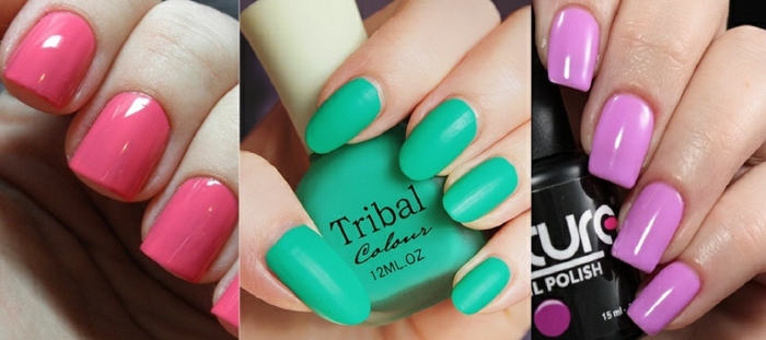 tonos en tendencia para las uñas, decoracion de uñas en un solo color con acabado brillante y mate, uñas en color salmón, verde y lila