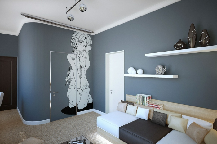 salon con paredes en gris, vinilo de pared grande blanco con imagen de comic manga, sofá tapizado de piel en blanco, amrron y beige, suelo con moqueta