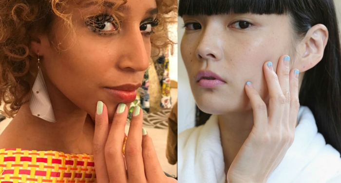dos propuestas con uñas cortas pintadas en los colores modernos para 2018, uñas de gel decoradas en verde y azul 