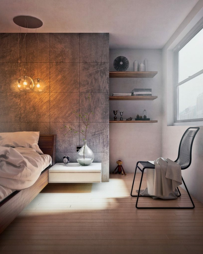 colores para habitaciones, dormitorio moderno con tarima, panel de baldosas grises, pared con nichos y estantes de madera, silla, ventana grande