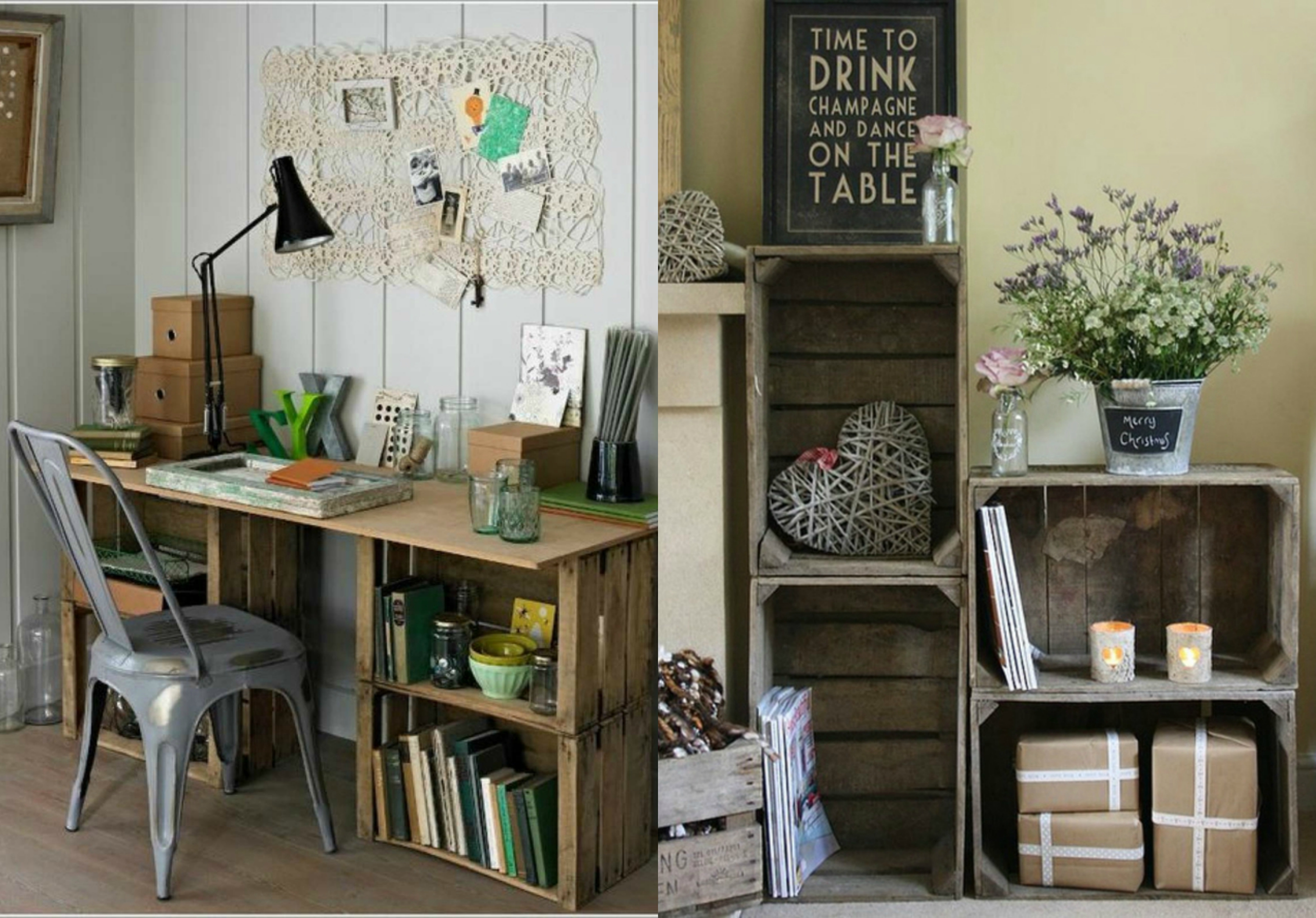 ejemplos de interiores en estilo vintage con muebles DIY hechos de cajas de fruta, decorar cajas de madera paso a paso 