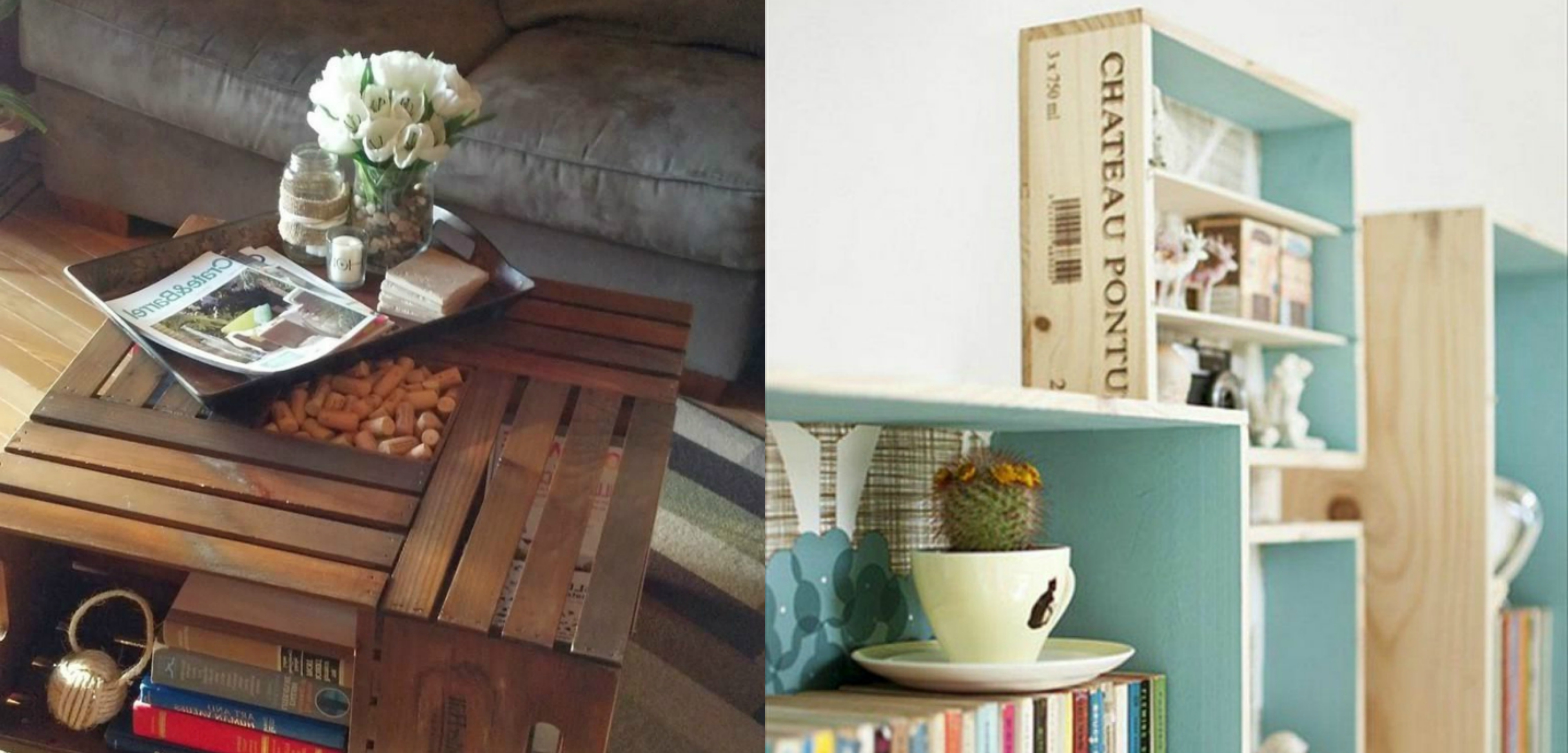 mesa y estantería hechos de cajas de fruta, como decorar cajas de madera, ideas inspiradoras para decorar el hogar