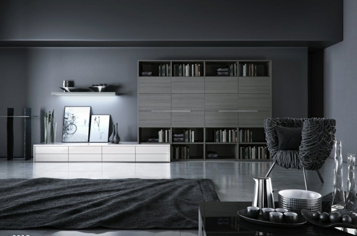 salon oscuro moderno, decoracion habitacion, suelo laminado, tonos grises, estanteria con puertas, silla moderno, mesa con cafetera y tazas