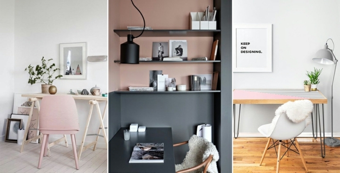 habitacion gris, tres propuestas de combinacion de gris con rosa, despachos en casa, estilo nórdico, madera clara
