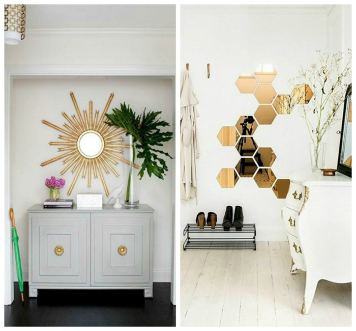 decoración con espejos, recibidores originales de tamaño pequeño, espejos vintage sol con marcos dorados 